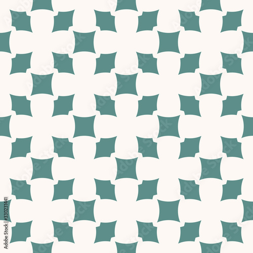 Simple vector geometric seamless pattern. Abstract ornament with curved shapes, squares, rhombuses, repeat tiles. Elegant background texture in white and teal colors. Design for decor, textile, fabric