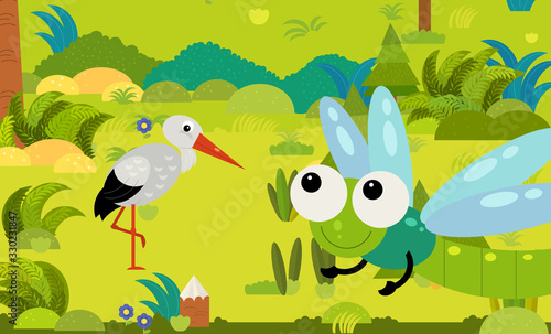 cartoon scene with different european animals in the forest illustration