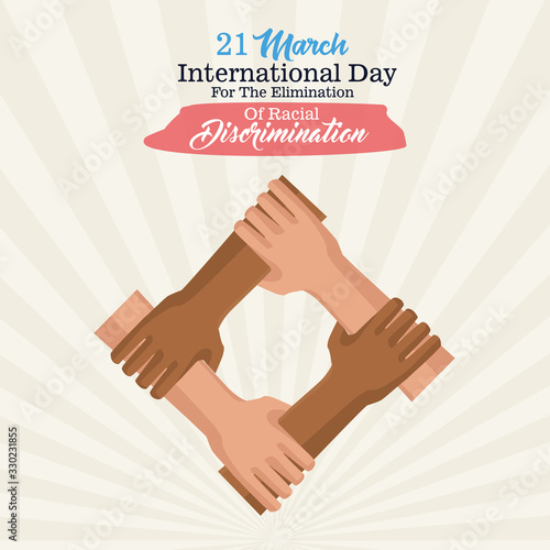 stop racism international day poster with interracial hands intertwined