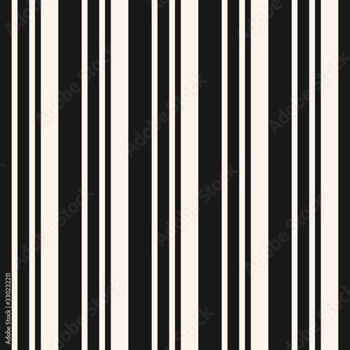 Vertical stripes seamless pattern. Simple vector lines texture. Modern abstract black and white geometric striped background. Thin and thick bands. Repeat monochrome design for print, decor, fabric