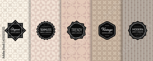 Subtle vector geometric seamless patterns collection. Set of minimal abstract background swatches with elegant modern labels. Design in beige, caramel, sandy, brown colors. Oriental style ornaments