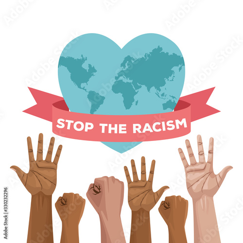 stop racism international day poster with hands and heart planet