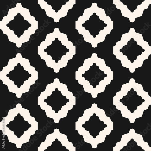 Abstract geometric seamless pattern. Ethnic tribal style vector background. Simple black and white ornament with mesh, grid, rhombuses, diamond shapes, lattice. Monochrome repeated ornamental texture
