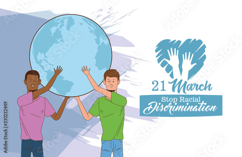 stop racism international day poster with interracial men lifting earth planet