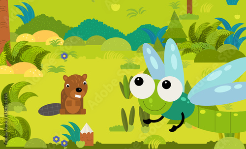 cartoon scene with different european animals in the forest illustration