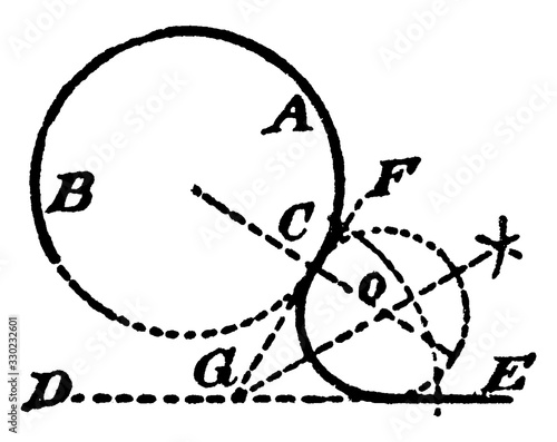 Construction Of A Center And Radius Of A Circle That Will Tangent A Given Circle, vintage illustration.