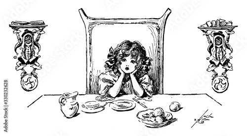 Girl at Dinner, vintage illustration