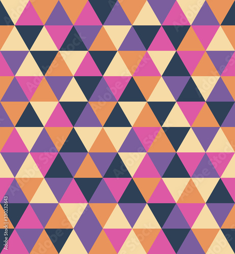 Retro Triangle vector seamless pattern. Festive, merry geometric shapes background. Abstract texture for wrapping, wallpaper, textile, leaflet. Orange, Beige, Pink, Blue, Purple mosaic backdrop.