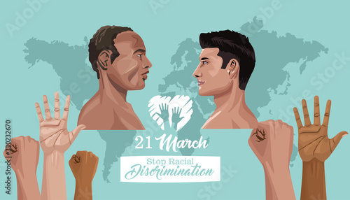 stop racism international day poster with interracial men profiles