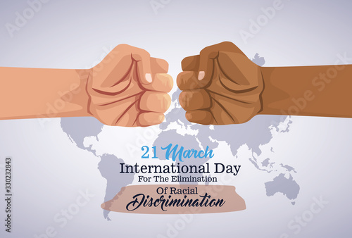 stop racism international day poster with hands fist crash