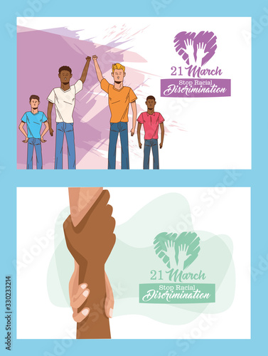 stop racism international day poster with interracial men and handshake