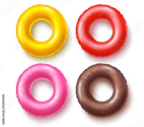 Summer swim rings set vector design. Colorful inflatable rubber toy and swimming circles with different color and shapes isolated in white background. Vector illustration