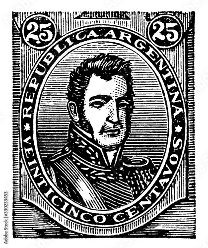 Argentine Republic Veinticinco Centavos Stamp, 1877-1880, vintage illustration