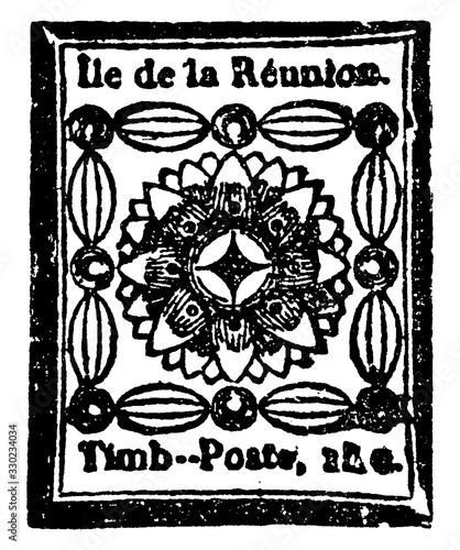 Reunion Islands Value Illegible Stamp, 1852, vintage illustration
