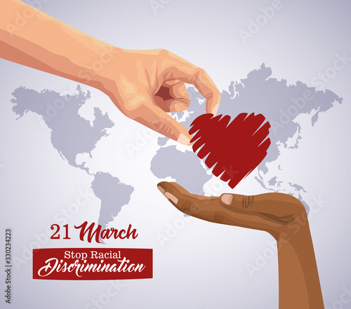 stop racism international day poster with hand giving heart