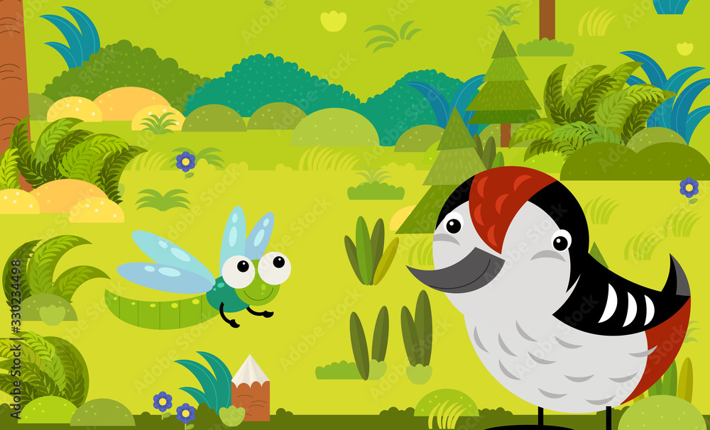 cartoon scene with different european animals in the forest illustration