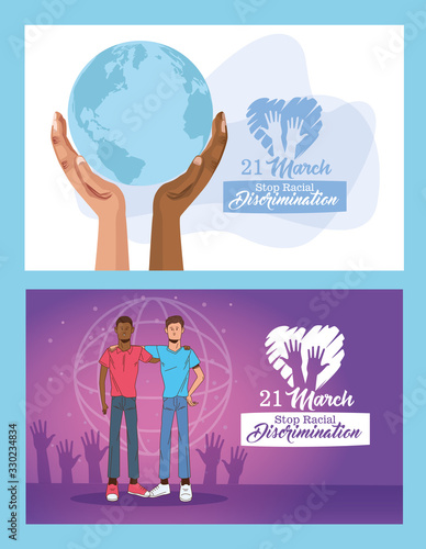stop racism international day poster with interracial men lifting planet earth