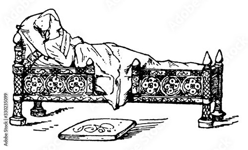 Medieval Bedstead, vintage illustration.