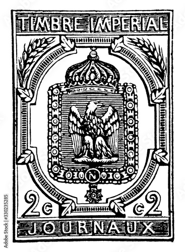 France 2 Centimes Newspaper Stamp, 1868, vintage illustration