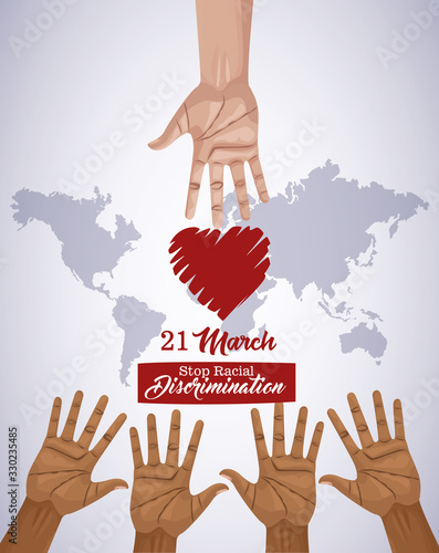 stop racism international day poster with hands and heart planet