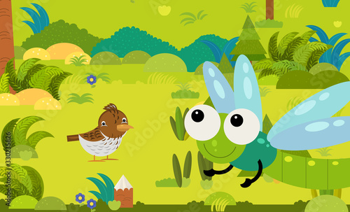 cartoon scene with different european animals in the forest illustration