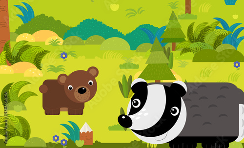 cartoon scene with different european animals in the forest illustration