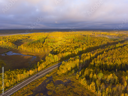 Alaska Route 3 aka George Parks Highway and Alaska landscape aerial view in fall with the morning sun light  at the south of Denali State Park at Susitna North  Alaska AK  USA.