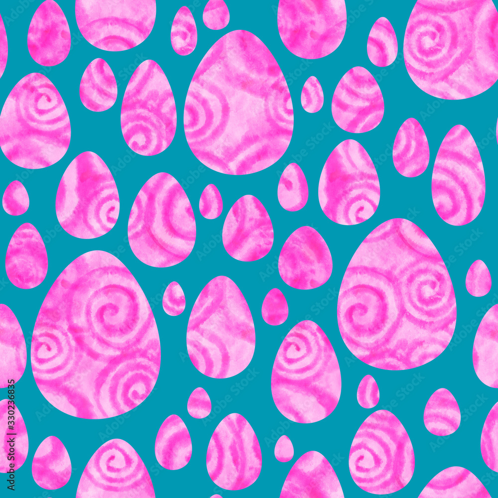 Watercolor pink eggs on turquoise background. Bright Easter seamless pattern. Hand-painted texture with spiral, splashes, drops, gradients. Watercolor stock illustration. Happy Easter day. Watercolor pink eggs on turquoise background. Bright Easter seamless pattern. Hand-painted texture with spiral, splashes, drops, gradients. Watercolor stock illustration. Happy Easter day.
