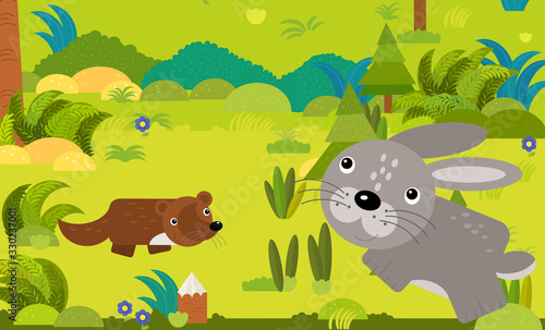 cartoon scene with different european animals in the forest illustration