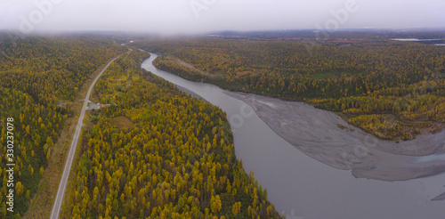 Alaska Route 3 aka George Parks Highway and Susitna River aerial view in fall, at Denali State Park, Alaska AK, USA. photo
