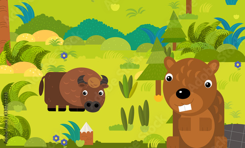 cartoon scene with different european animals in the forest illustration