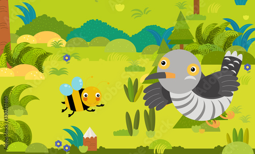 cartoon scene with different european animals in the forest illustration