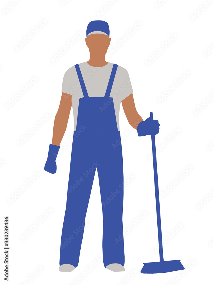 illustration a male cleaner in blue overalls and holding a MOP isolated on a white background illustration a male cleaner in blue overalls and holding a MOP isolated on a white background