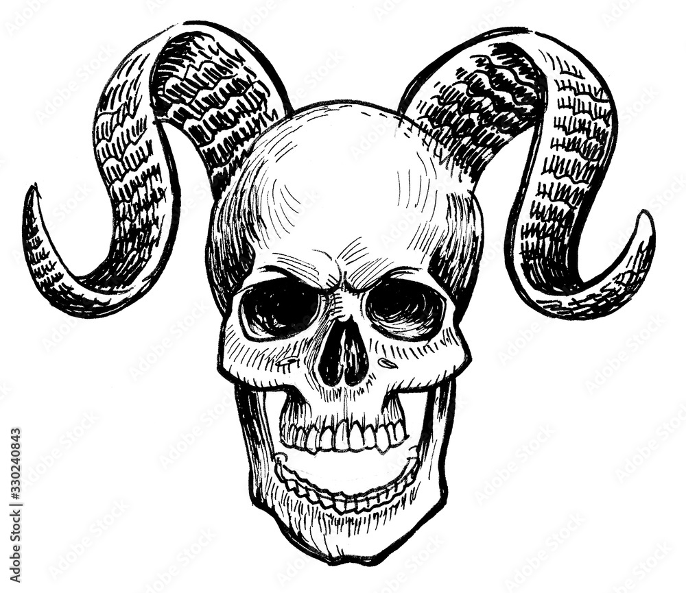 Human skull with horns. Ink black and white drawing ilustración de Stock |  Adobe Stock