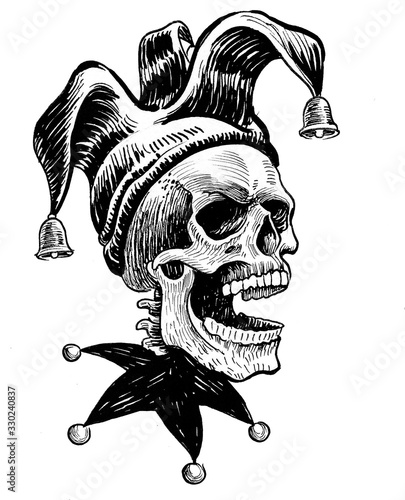 Jester skull in hat. Ink black and white drawing