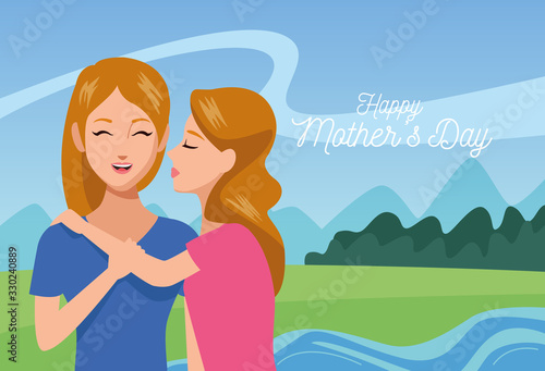 happy mothers day character with daughter in the field