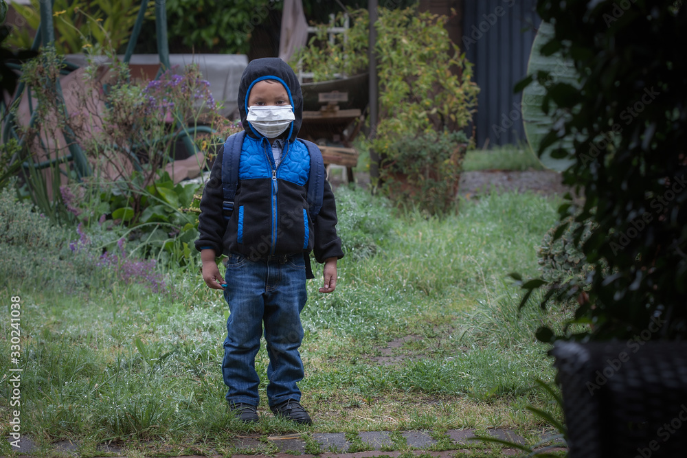 A young boy wearing a backpack, face mask, hoodie jacket, and rain boots, standing outdoors while its raining. A young boy wearing a backpack, face mask, hoodie jacket, and rain boots, standing outdoors while its raining.