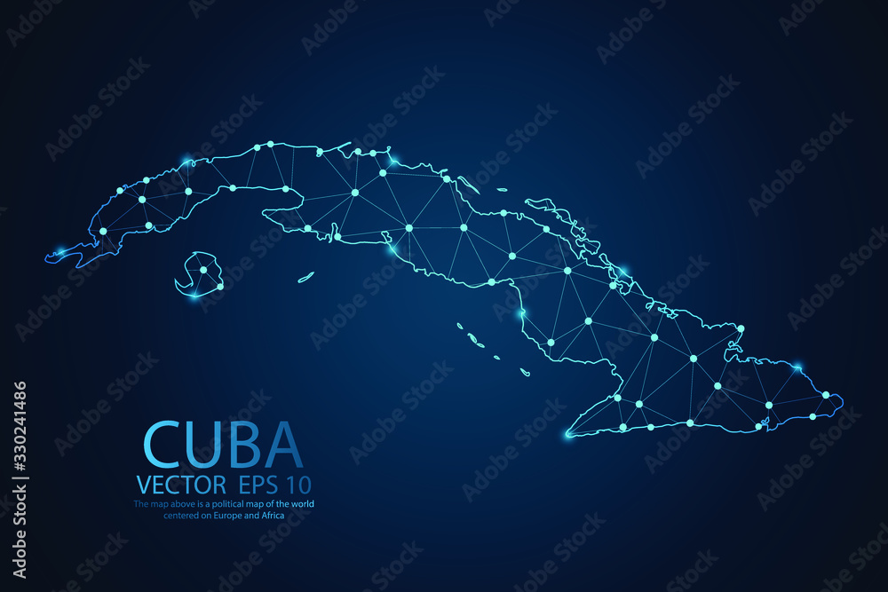 Naklejka premium Abstract mash line and point scales on dark background with map of Cuba. Wire frame 3D mesh polygonal network line, design sphere, dot and structure. Vector illustration eps 10.