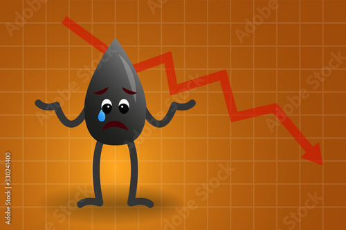 Oil Drop Character against Down Red Arrow, Price Fall Concept On Orange Background.