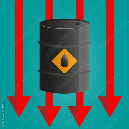 Oil Barrels And Red Arrow Down, Price Fall Concept Background.