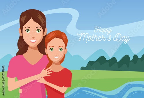 happy mothers day character with daughter in the field
