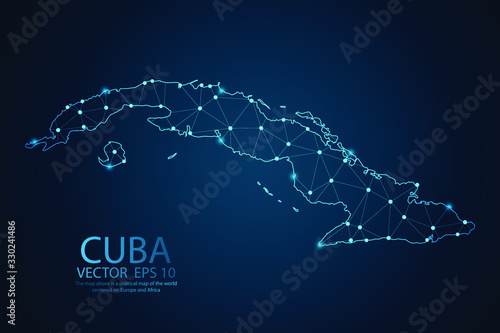 Abstract mash line and point scales on dark background with map of Cuba. Wire frame 3D mesh polygonal network line, design sphere, dot and structure. Vector illustration eps 10.