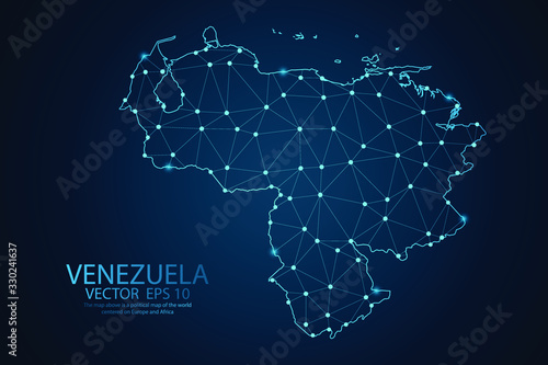 Abstract mash line and point scales on dark background with map of Venezuela. Wire frame 3D mesh polygonal network line, design sphere, dot and structure. Vector illustration eps 10.