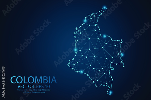 Abstract mash line and point scales on dark background with map of Colombia. Wire frame 3D mesh polygonal network line, design sphere, dot and structure. Vector illustration eps 10.
