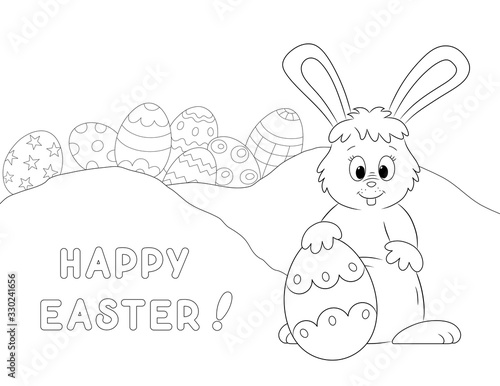decorated easter eggs and a cute cartoon rabbit. coloring page for kids