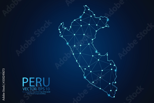 Abstract mesh line and point scales on dark background with map of Peru. Wire Frame 3D mesh polygonal network line, design sphere, dot and structure. Vector illustration eps 10.