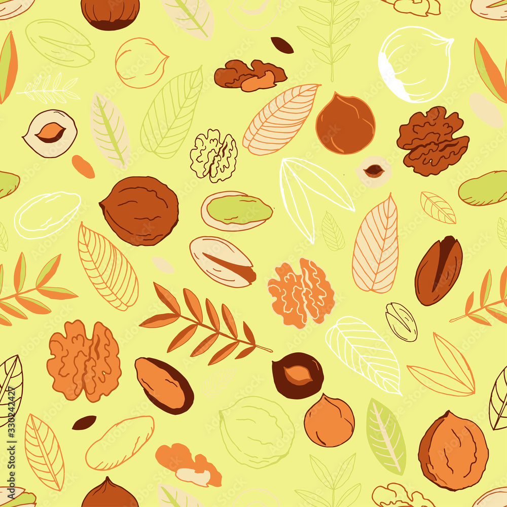 Seamless pattern with walnuts, pistachios with hazelnuts and leaves on a light olive background. Scrawl. Whole nuts, peeled and unpeeled Seamless pattern with walnuts, pistachios with hazelnuts and leaves on a light olive background. Scrawl. Whole nuts, peeled and unpeeled