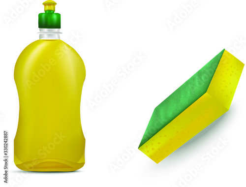 Realistic Kitchen Cleaning Soap and Sponge Icon Set Isolated on White Background