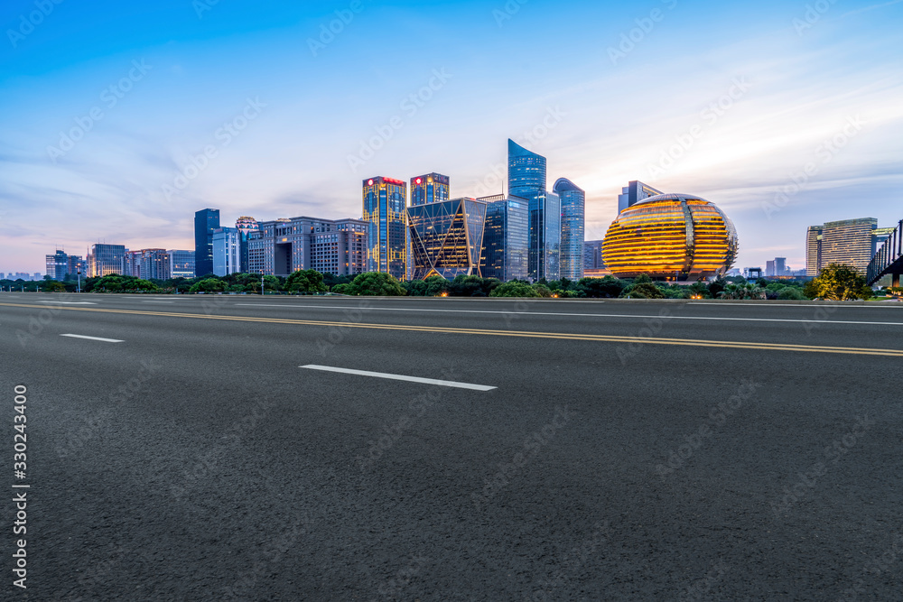 Asphalt Pavement Skyline and Nightscape of Qianjiang New Town in Hangzhou