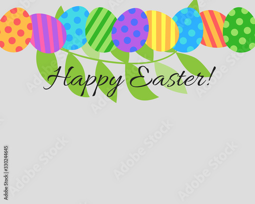 Horizontal  colored Easter Eggs  Happy Easter text  green leaf. Abstract. Illustration 